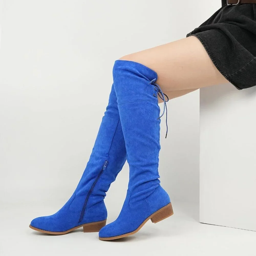 Women's Blue Faux Suede Thigh High Over The Knee Black Low Flat Heel Boots